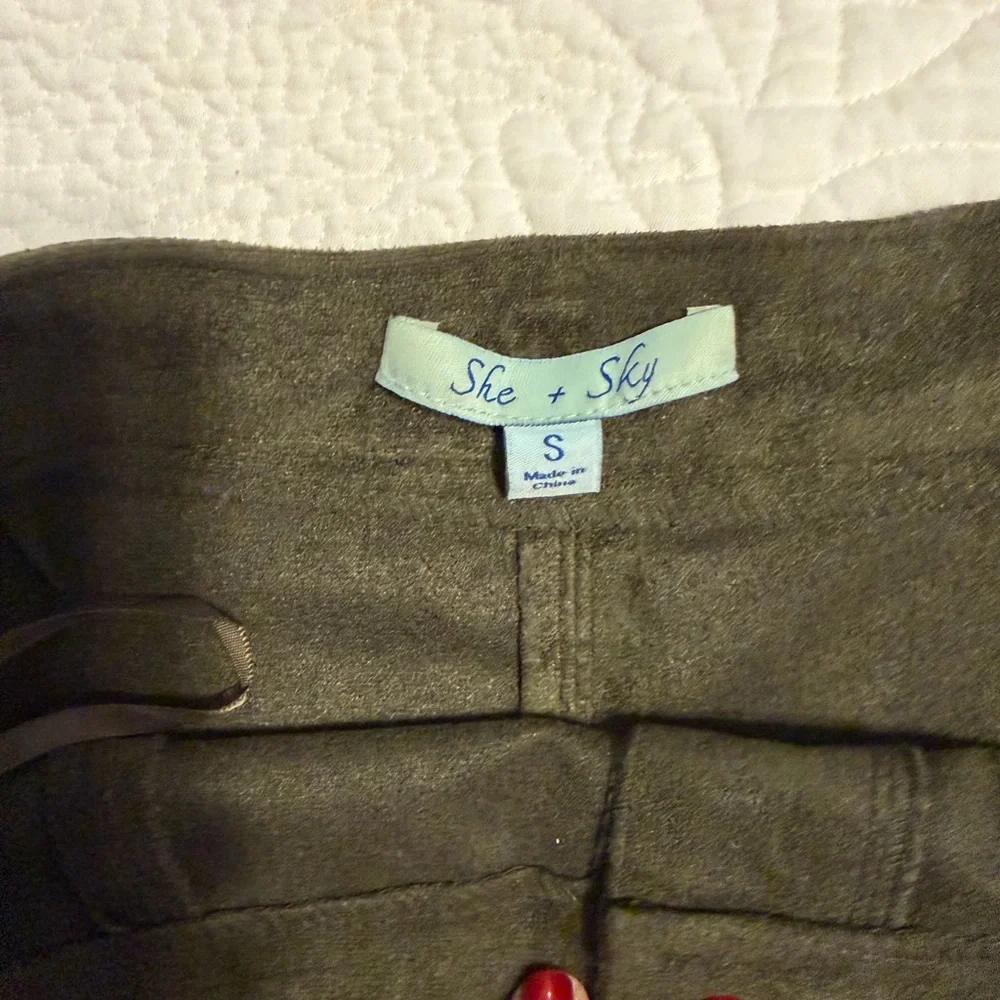 She + Sky Dark Olive Suede-Look Button Front Skater Skirt - Picture 3 of 4